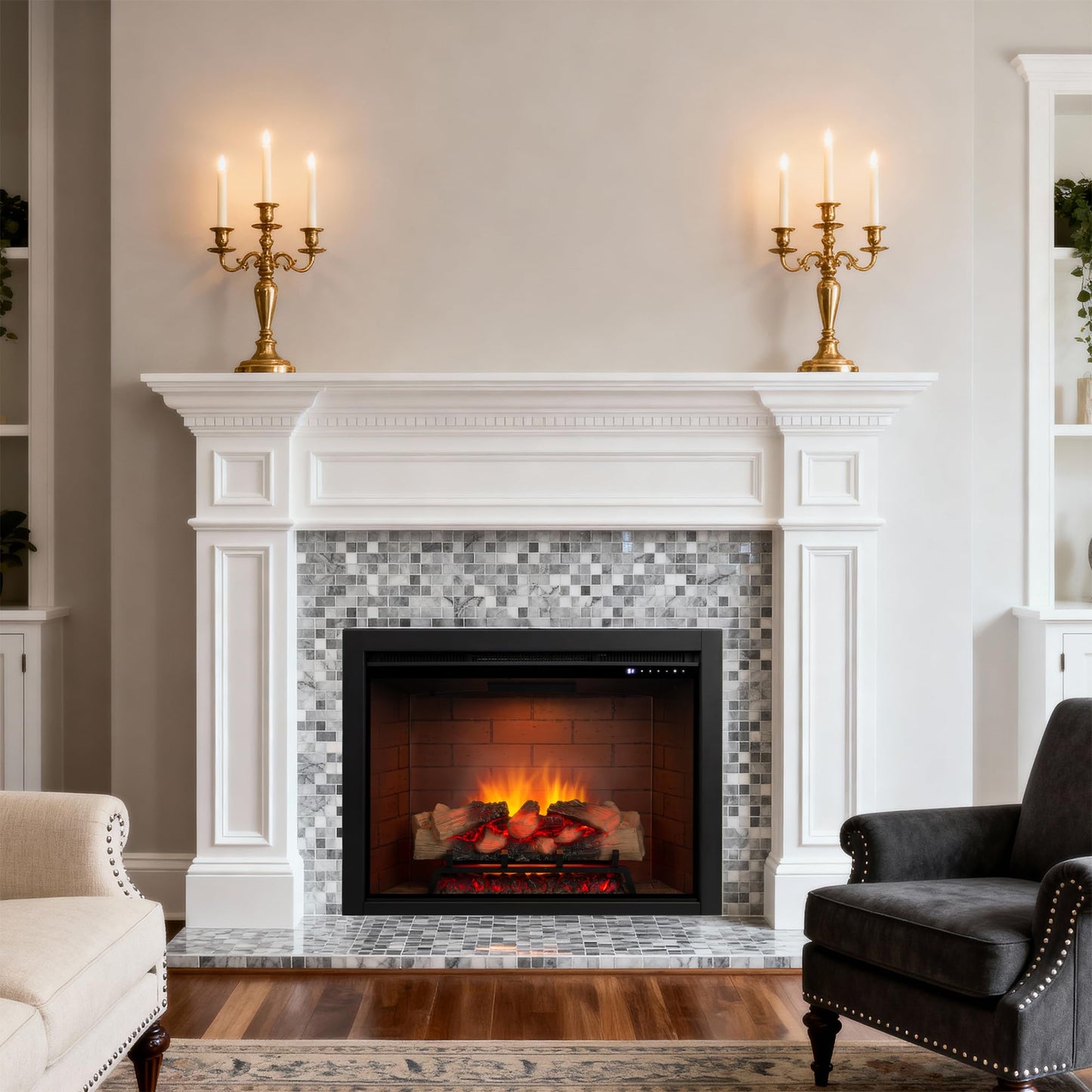 Unineo Electric Fireplace Insert w/Top Light, 12×12×12 Flame Color Option with Fire Crackling Sound, 30 5/8″W×24 5/16″H, 750W/1500W Eco Heater, Remote & Button Control, Black