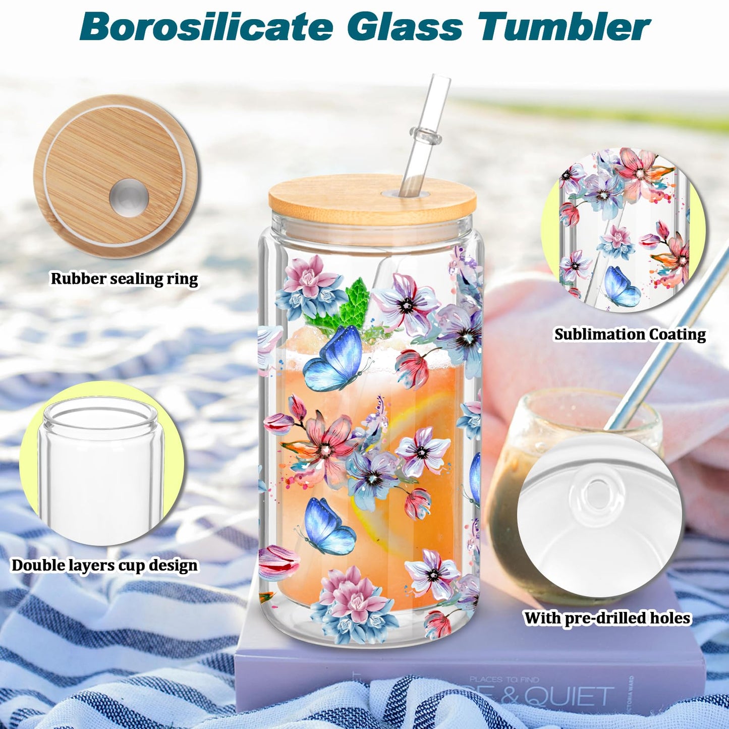 Micellwuu 8 Pack 16 Oz Sublimation Snow Globe Tumbler, Snow Globe Cups with Pre Drilled Hole, Double Wall Beer Can Glass Mason Jar Mug with Bamboo Lids and Straws for Snowglobe DIY