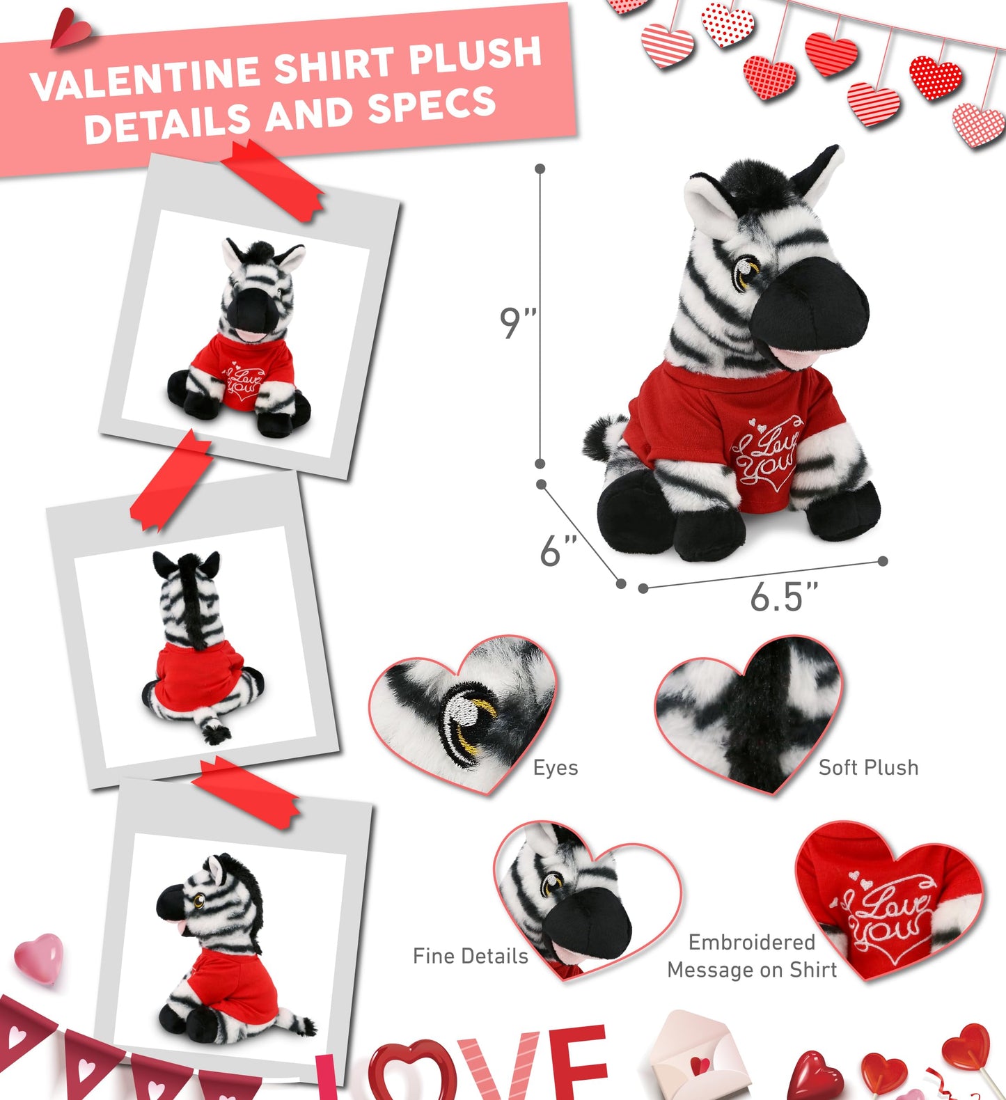 DolliBu I Love You Valentine Plush Zebra - Cute Stuffed Animal with Red Shirt and Name Personalization Gift for Valentines Day, Birthday, Anniversary, Romantic Date - 9 Inches