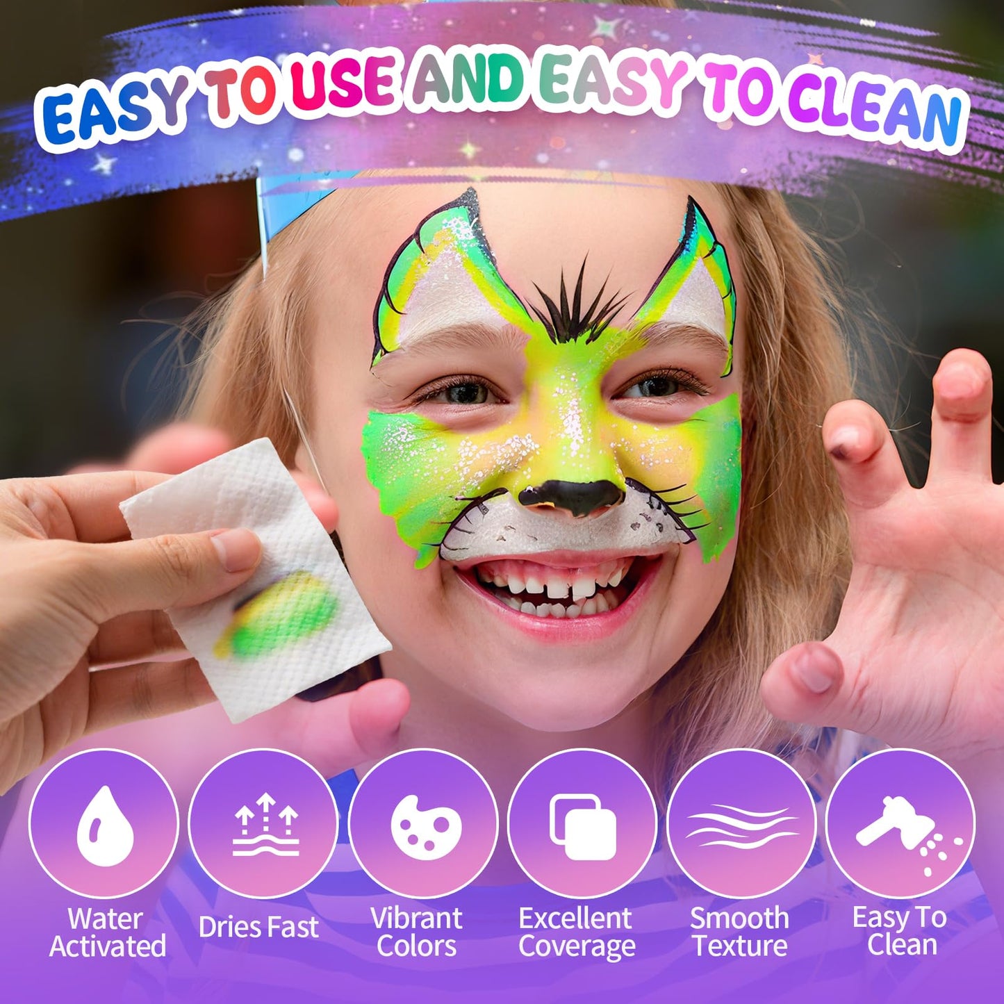 Professional Face Painting Kit for Kids,42 Color Water Activated Face Paint with Stencils,Brush,Wash Cup,Spray Bottle for Halloween, Parties, Carnival, School Event & Festivals (44-Color)