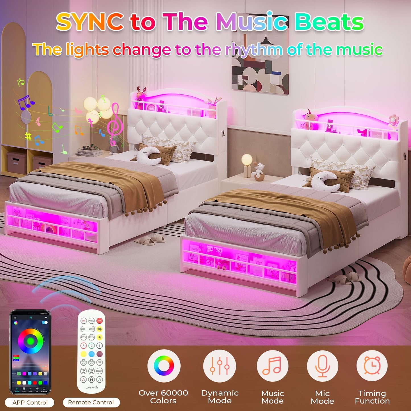 HAUOMS Twin Size Bed Frames for Girls, Princess Velvet Upholstered Platform Bed with Led Lights & 2 Drawers, Headboard with Charging Station & Guardrail & Crystal Button, No Box Spring Needed,Beige
