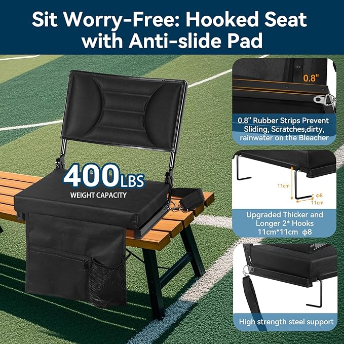 Extra Wide Stadium Seat with Back Support | Adjustable High Back & Thick Padded | Bleacher Chairs with back and Cushion, Includes Cup Holder, Shoulder Strap, Perfect for Concerts, Sports Events-BL