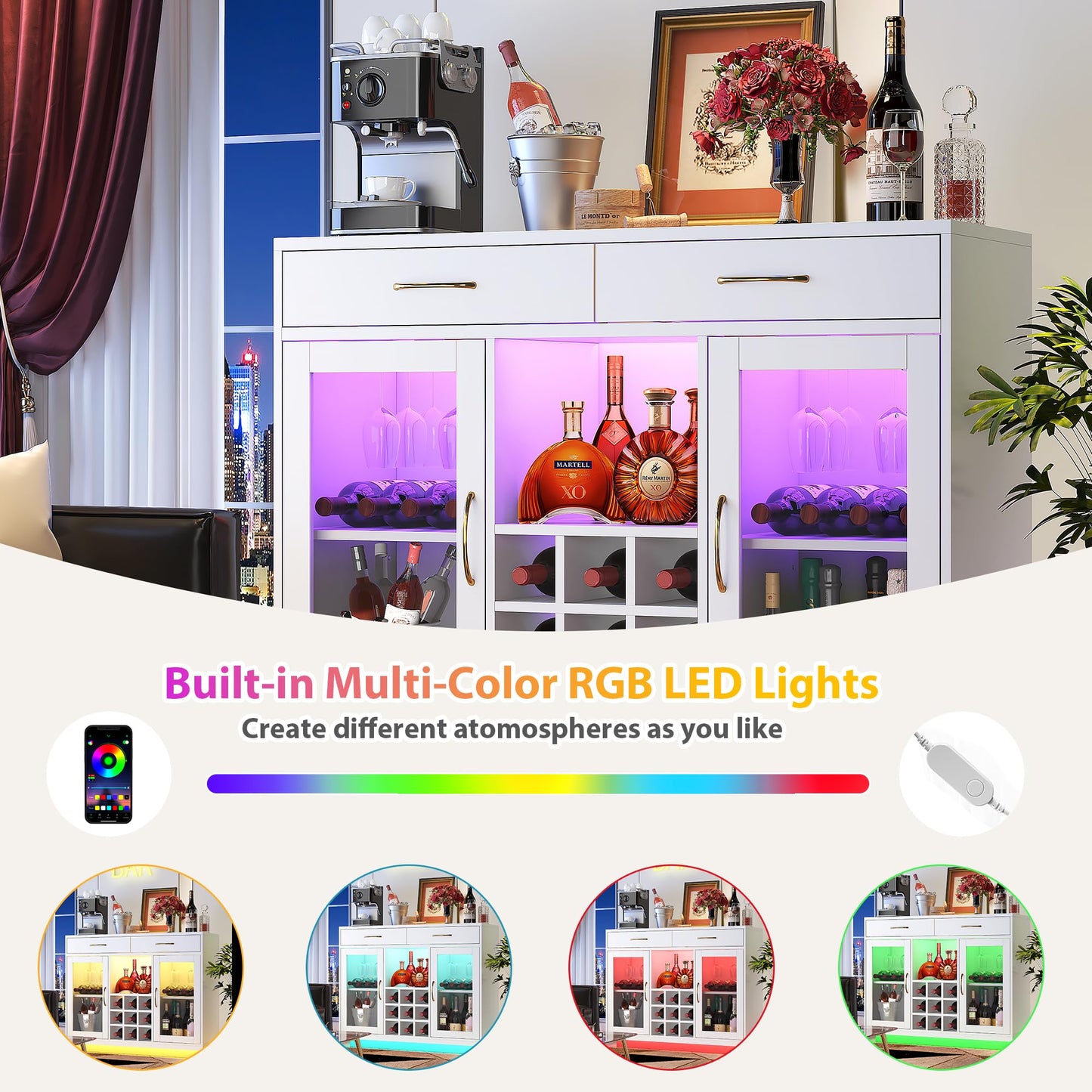 knoworld Wine Bar Cabinet with LED Lights, Liquor Cabinet with Wine and Glass Rack, Wine Cabinet Coffee Bar Cabinets, Kitchen Buffet Sideboard with Storage for Living Room, Dining Room