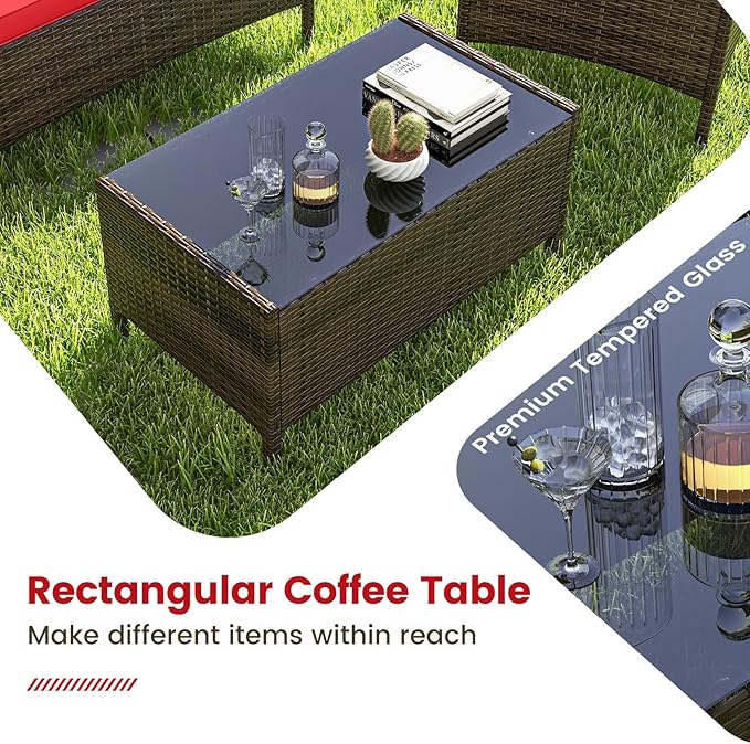 RELAX4LIFE 4-Piece Patio Furniture Set - Rattan Outdoor Conversation Bistro Set w/Cushions, Glass Coffee Table, Wicker Chairs & Loveseat for Garden Backyard Porch, Balcony Furniture Set (1, Red)