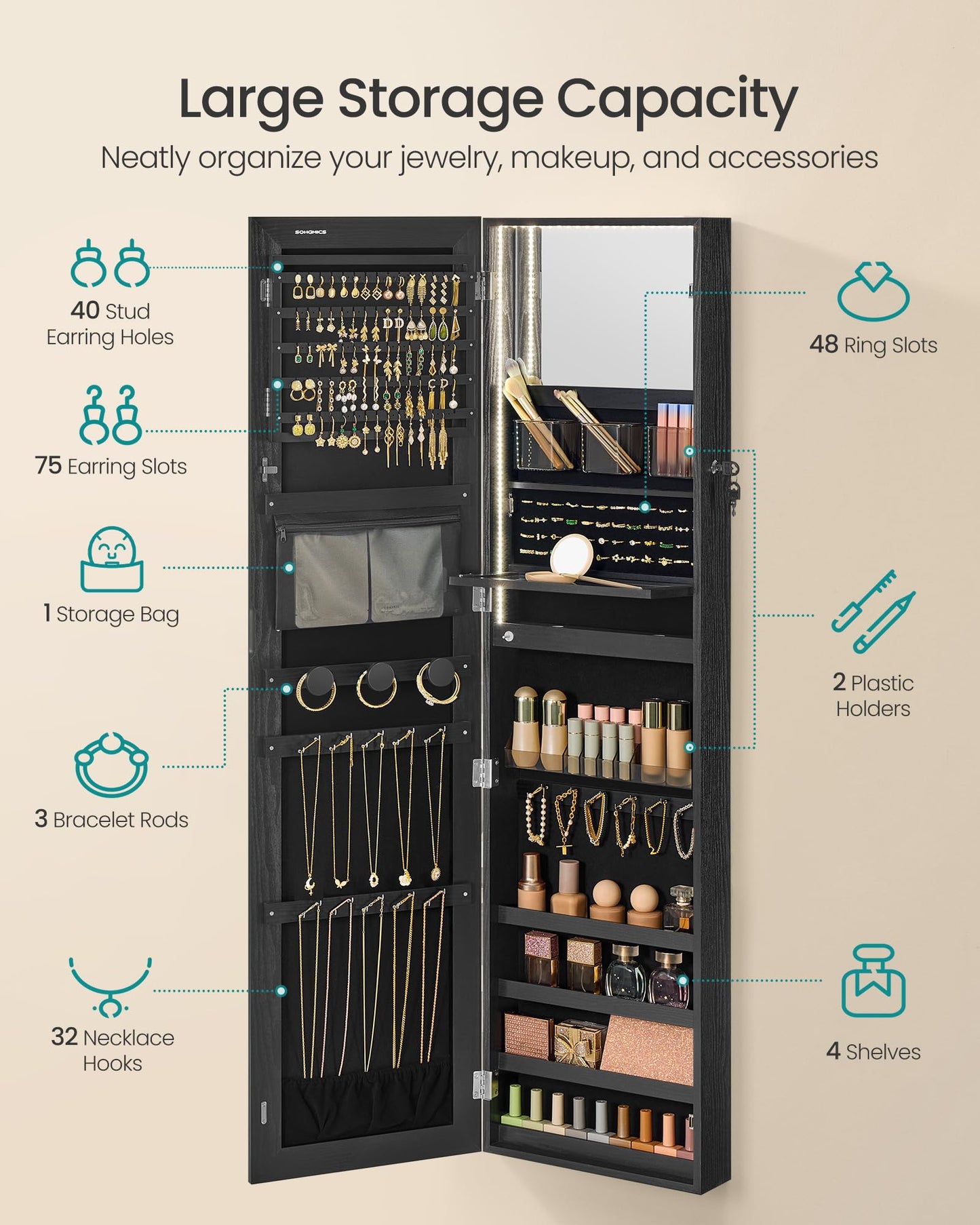 SONGMICS 55 Inches Tall Spacious Jewelry Cabinet, Jewelry Armoire with Light-Up Interior Mirror, Wall or Door Mounted Jewelry Storage Organizer, Lockable, Gift Idea, Black UJJC032BZ01