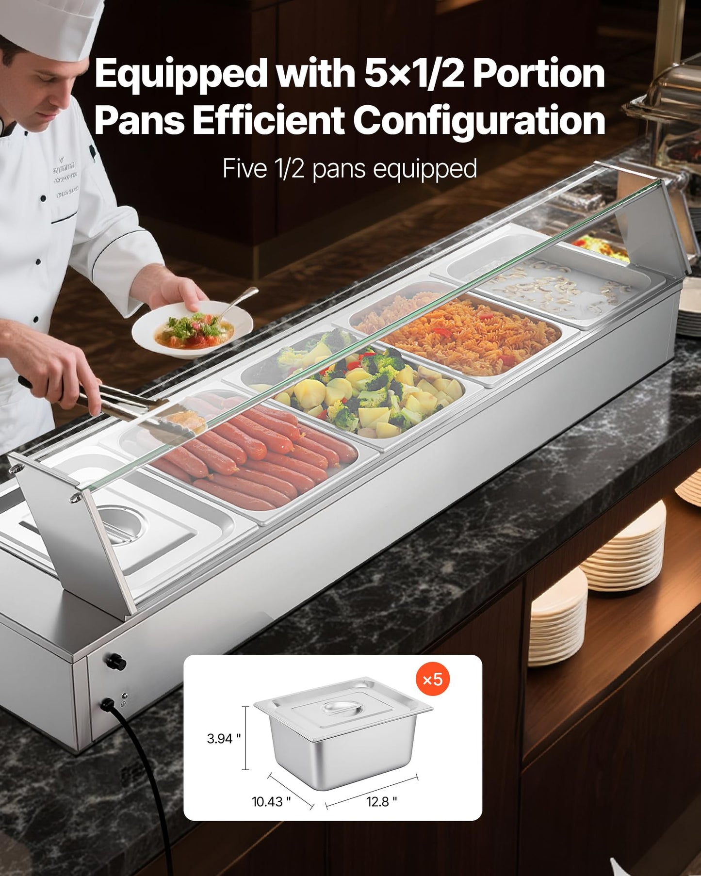 VEVOR Commercial Food Warmer, 1500W Electric Stainless Steel Steam Food Warmer with Glass Cover, Countertop Buffet Bain Marie with Five 1/2 Size Food Pans, for Catering, Restaurant, Party & Buffets