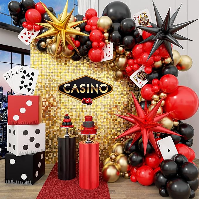 Casino Balloon Arch Garland Kit with Red Black and Gold Balloons Dice Boxes Random Pokers for Birthday Casino Night Las Ve...