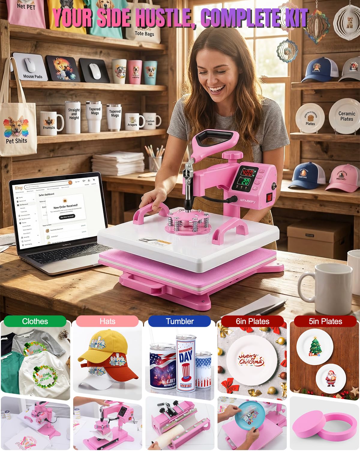 15x15 Heat Press Machine for T Shirts with 30oz Tumbler Press 5-in-1 Slide Out Easy Loading Heat Transfer with Dual-Tube Heating & 4-Zone PID Temp Controller for Quick & Even Heat on Hat Cap Mug Plate