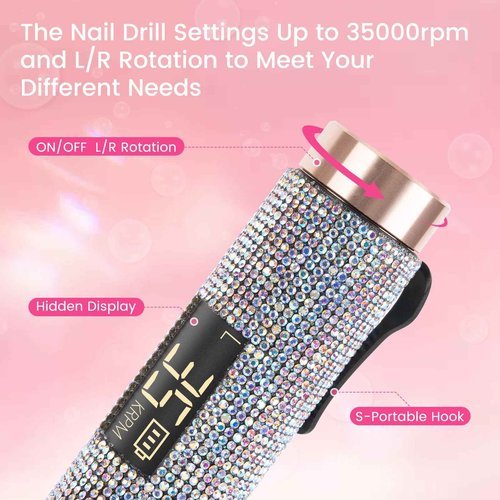 Lavinda Diamond Electric Nail Drill, Professional Rechargeable 35000RPM Electric Nail File Cordless Portable Nail Drill with Coreless Motor for Acrylic Nails (AB Rhinestone)