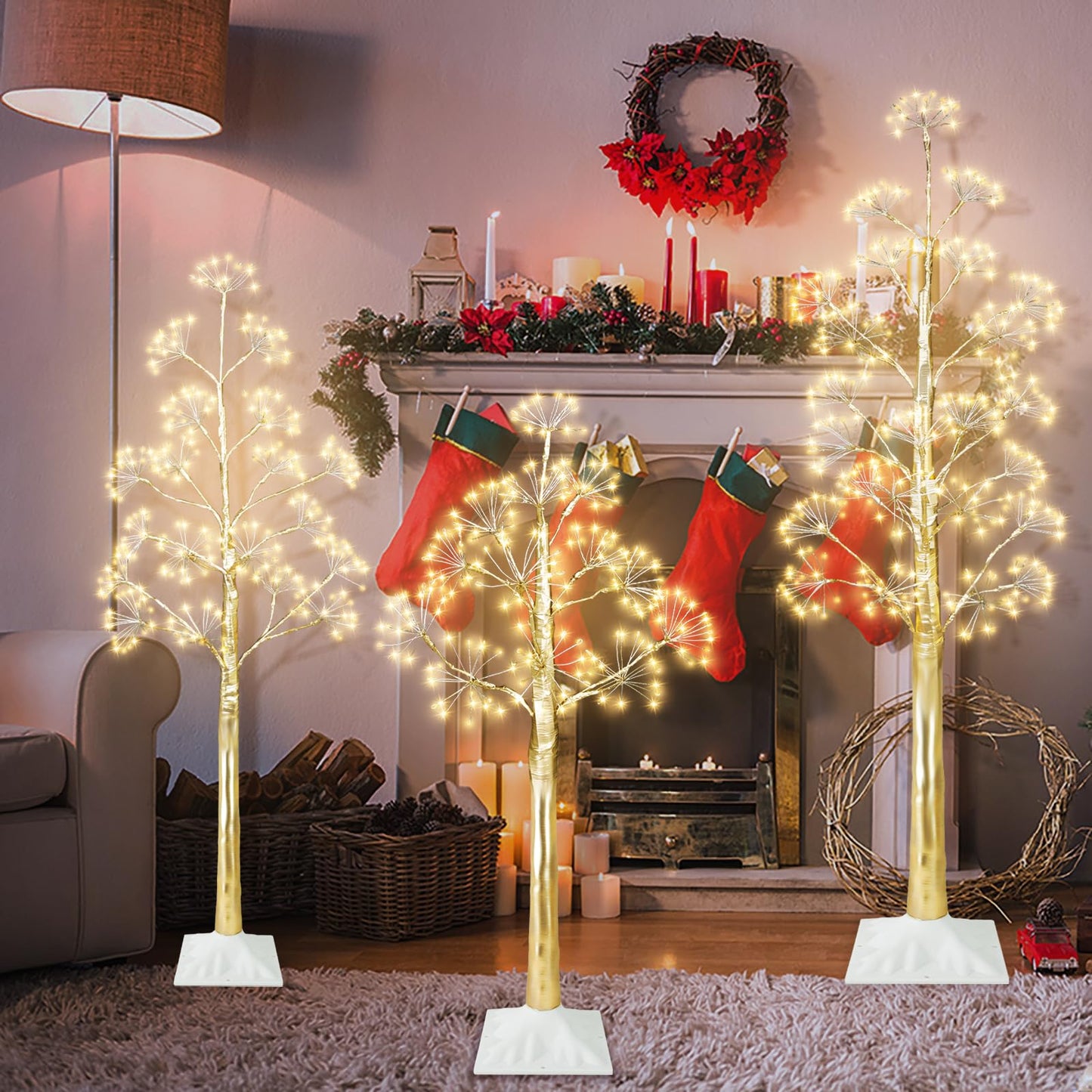 TORONTOKYO Set of 3 Lighted Birch Tree, 3 feet 4 feet and 5 Feet Warm White LED Artificial Tree, Light Up Christmas Twig Trees for Thanksgiving Christmas Party Indoor Outdoor Decoration