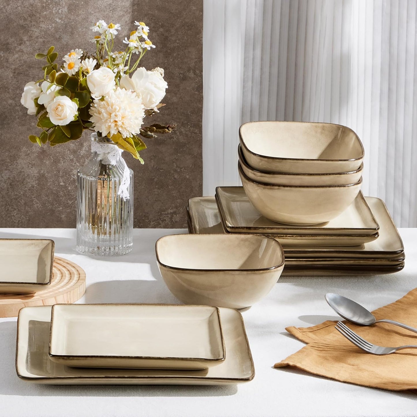 E-far Square Plates and Bowls Sets, 12-Piece Stoneware Dinnerware Sets for 4, Reactive Glaze Dish Set, Chip and Scratch Resistant, Microwave and Dishwasher Safe, Sandy Beige