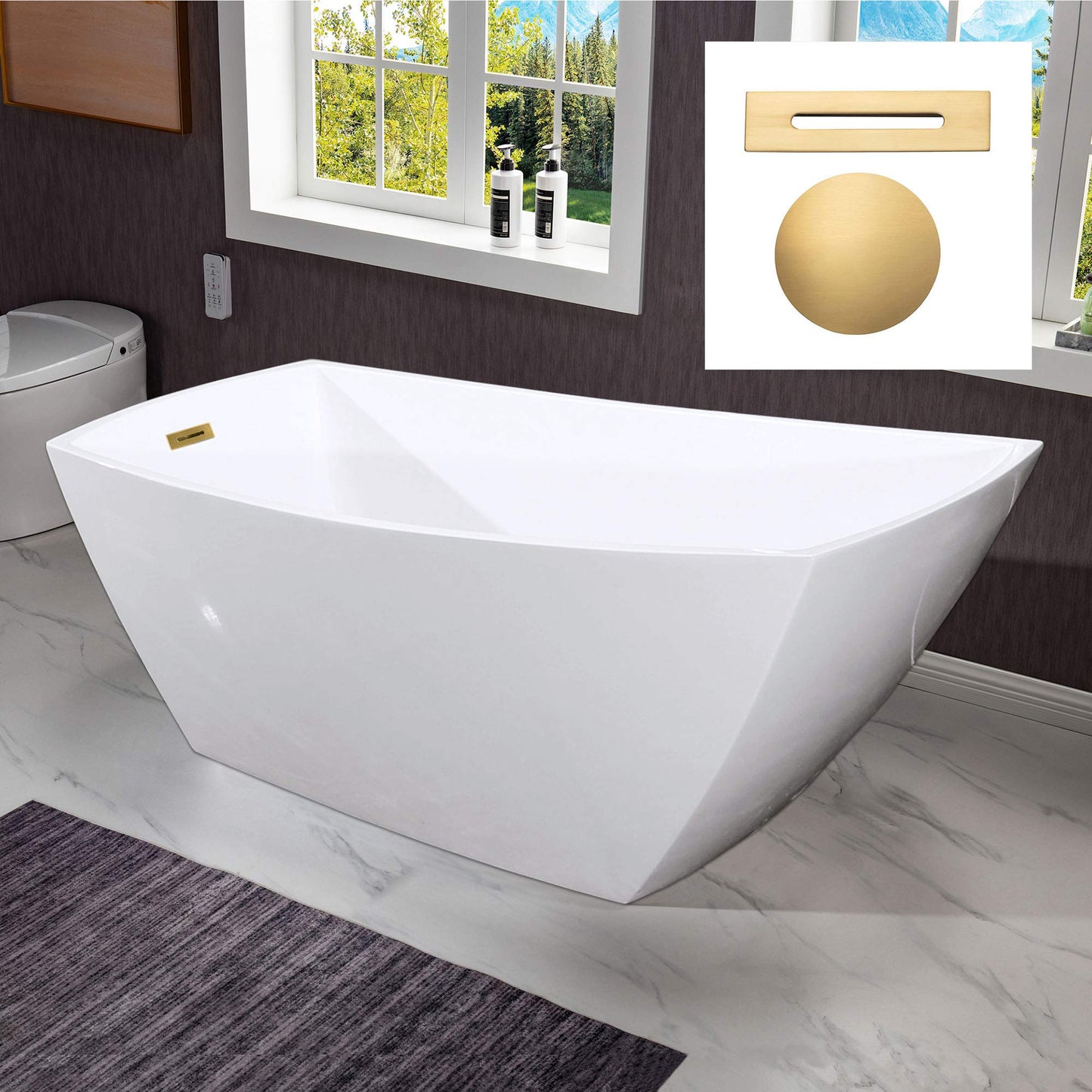 WOODBRIDGE 67" Acrylic Freestanding Bathtub Contemporary Soaking Tub with Brushed Gold Overflow and Drain,White