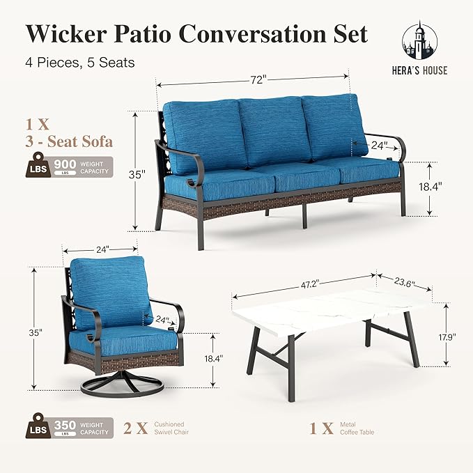 HERA'S HOUSE 4 Piece Metal Patio Furniture Set, All Weather Outdoor Conversation Set with 3 Seat Sofa, 2 Swivel Chairs & Coffee Table, Seats 5 for Backyard, Garden, Deck, Pacific Blue