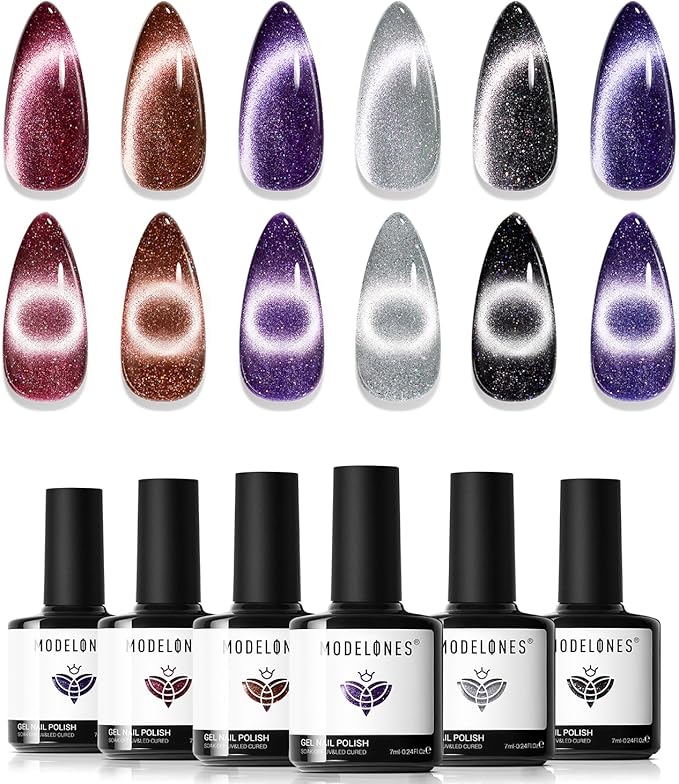 Modelones Cat Eye Gel Nail Polish Set, 6 Colors Fall Winter 9D Glassy Cat Eye Glitter Gel Polish Black Red Purple Blue Silver Brown Nail Polish with Magnet Soak Off LED DIY Salon Gift
