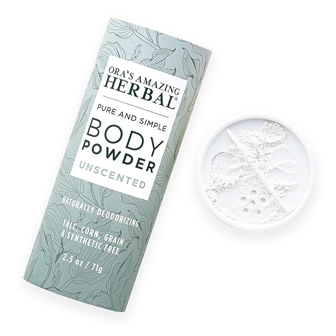 Ora's Amazing Herbal Fragrance Free Body Powder for Women and Men, Unscented Talc and Cornstarch Free Talcum Powder, Waxing, Natural Sugaring, Foot, Dry Shampoo, Made in USA, 2.5 oz