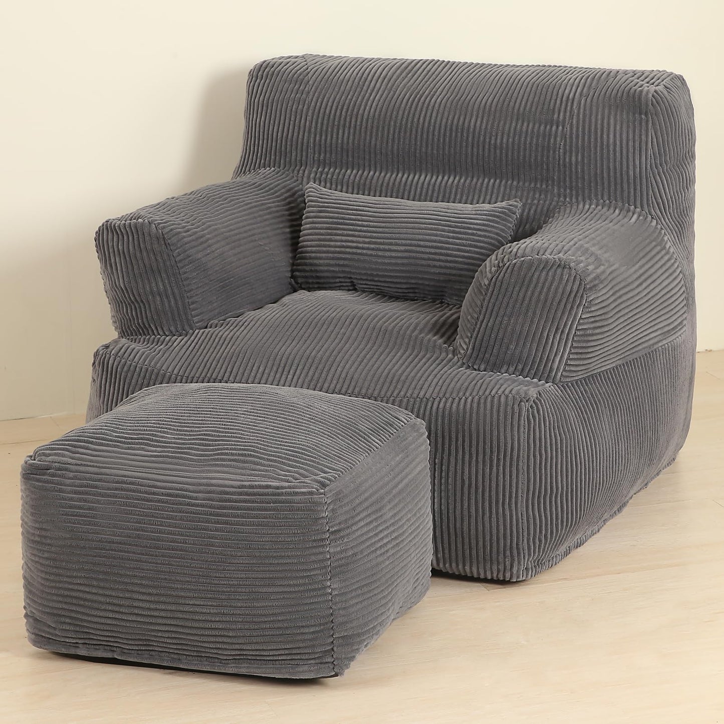 MOMCAYWEX Comfy Gaint Bean Bag Chair with Ottoman, Huge Bean Bag Armchair for Adults and Teens, Dark Grey