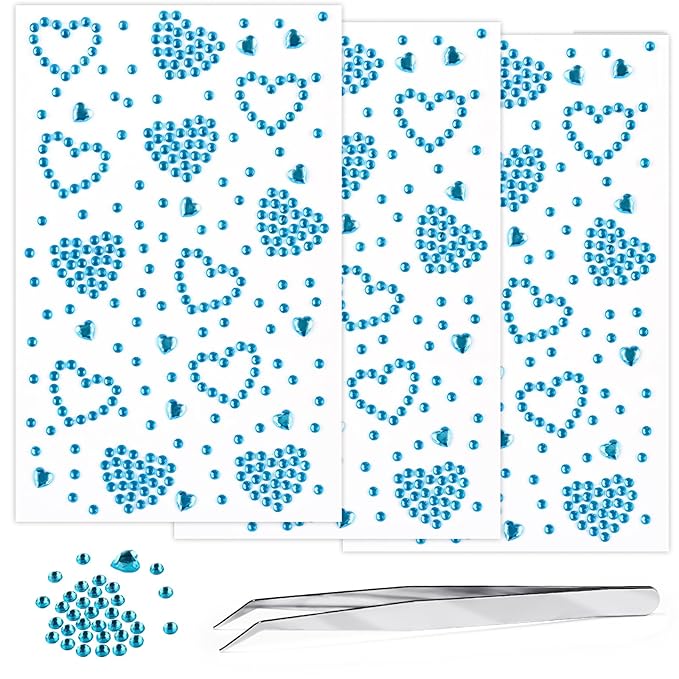 3 Sheets Rhinestone Stickers Self Adhesive Rhinestones Gems for Face Eyes Makeup Hair Body Stick on Rhinestones Stickers for Valentine Festival Decal Decor(Aqua Blue)