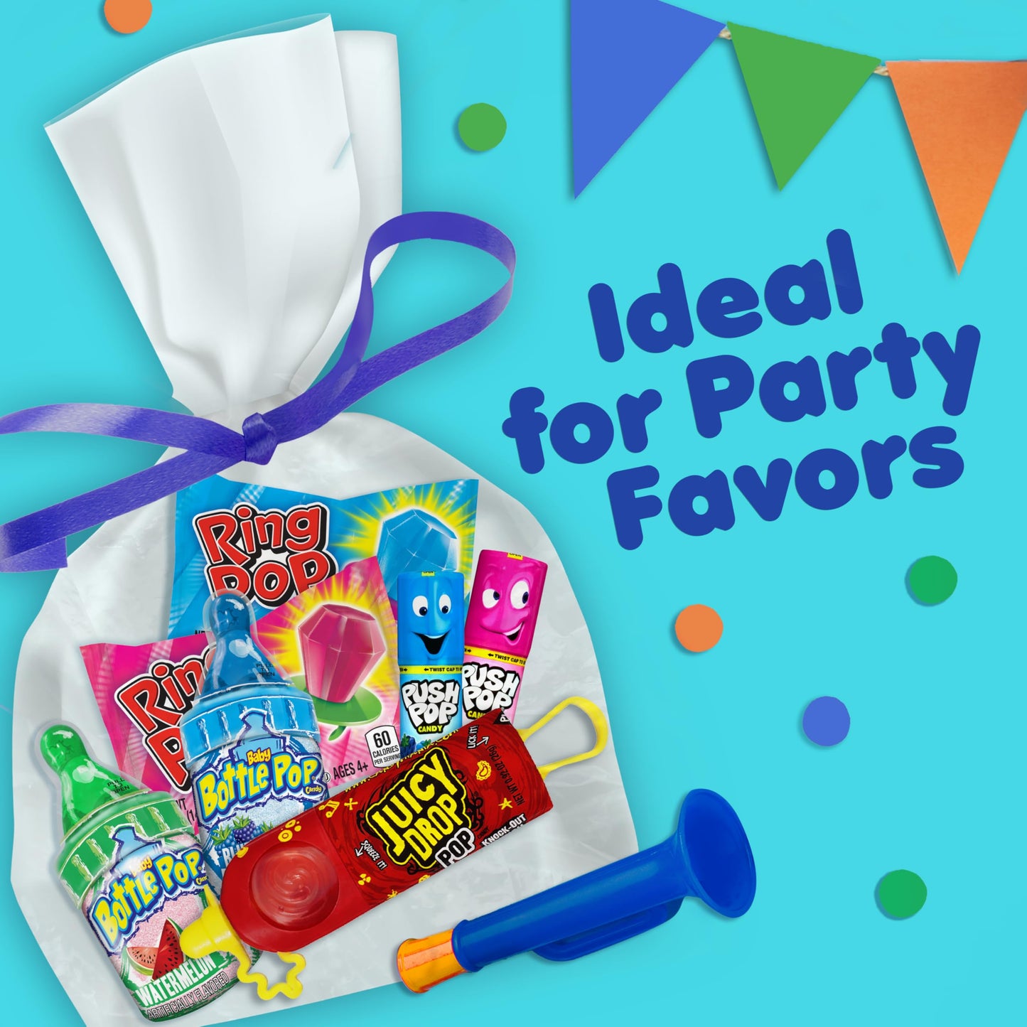 Assorted Candy Variety Pack 7 Count Lollipops - Ring Pop, Push Pop, Baby Bottle Pop & Juicy Drop - Ideal for Kids Party Favors, Party Favor Bags by Bazooka Brands