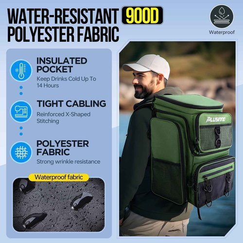 PLUSINNO Fishing Backpack with Rod Holders 4 Tackle Boxes, 42L Large Water-Resistant Fishing Tackle Bag Store Fishing Gear for Fishing, Camping, Hiking, Fishing Gifts for Men Father, Green