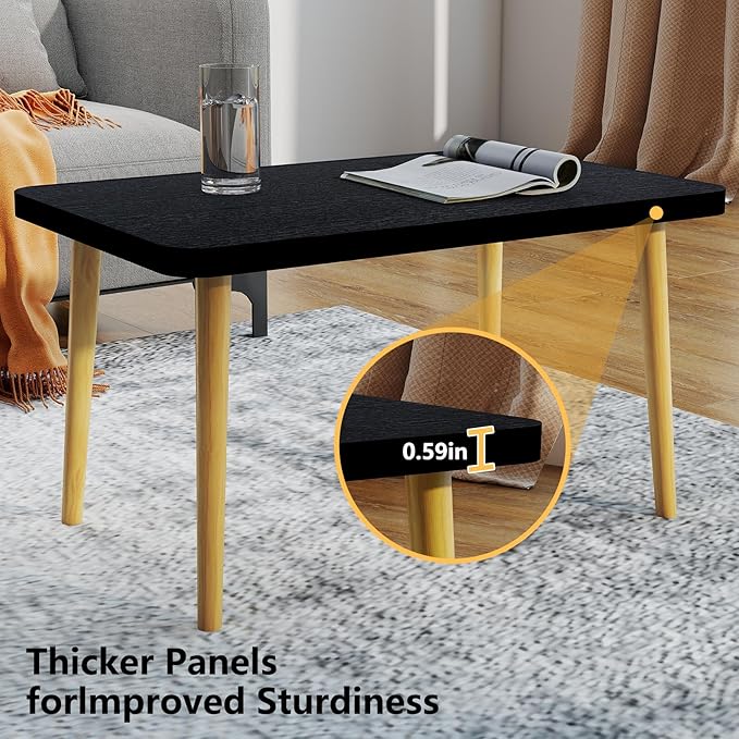 Funecy Coffee Table Low Table with Solid Wood Sturdy Legs, Floor Table Desk for Sitting on The Floor, Storage and Living Room Furniture (Black-Square)