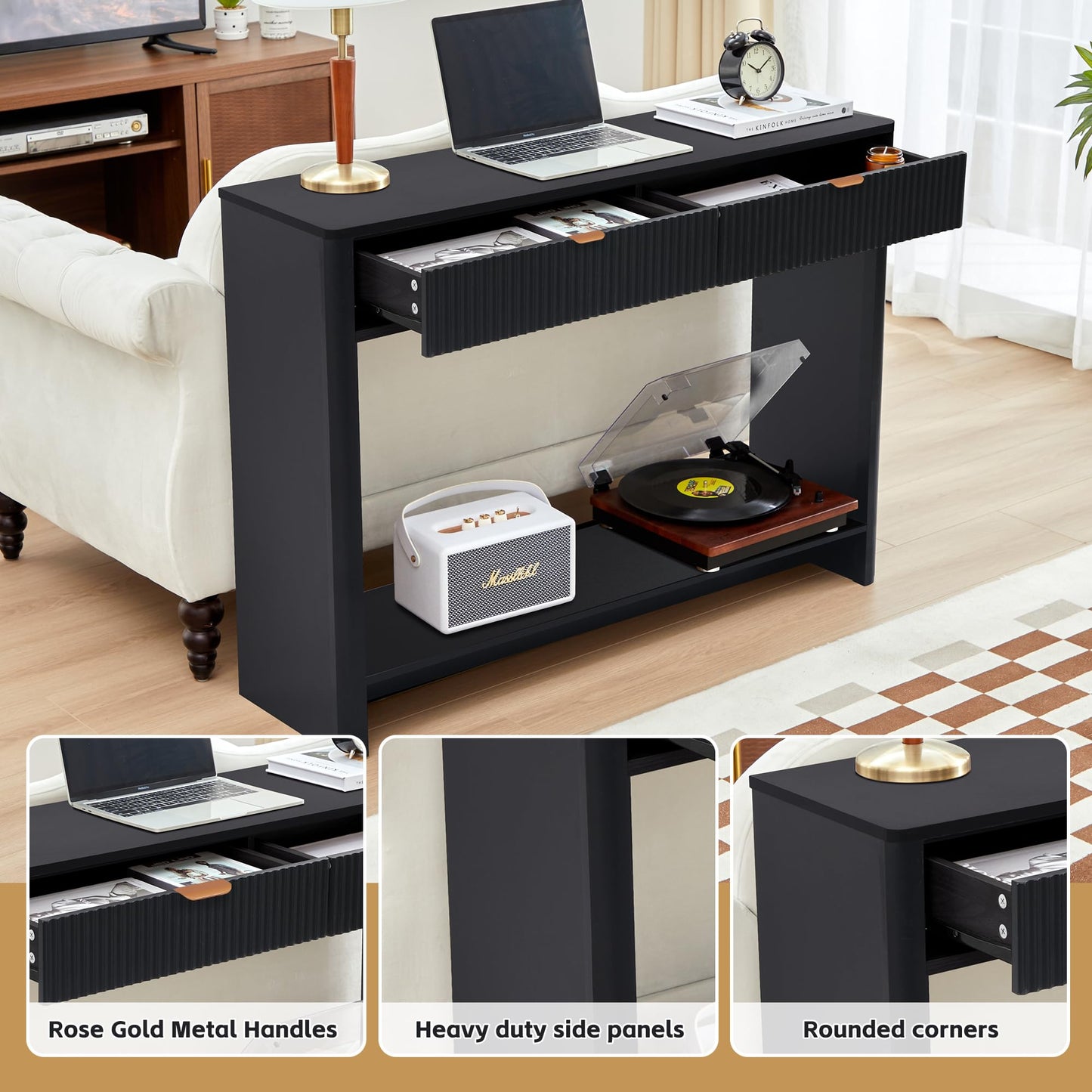 affeivul Entryway Table with Storage, Narrow Console Table with 2 Drawers, 43.3' Couch Table Behind Sofa Skinny for Living Room TV/Hallway Entrance Foyer, Mid Century Modern Black Fluted Console Table