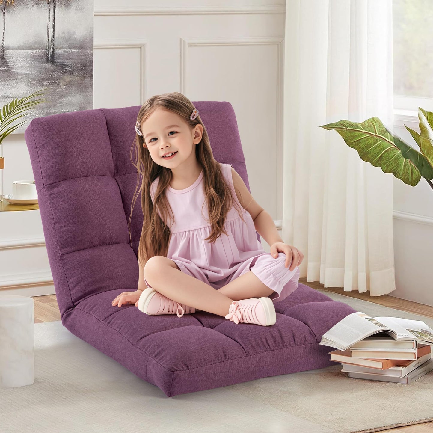 HOMYEDAMIC Floor Chair with Back Support with 6 Adjustable Position, Recliner, Folding Gaming, Meditation Chair for Adults (Purple)