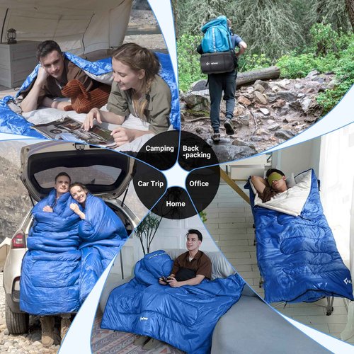 KingCamp Double Sleeping Bags for Adults, XL Big and Tall Sleeping Bag with 2 Pillows for Camping Backpacking, Waterproof, 93“*63” Queen Size for 2 Person, Lightweight Warm & Cold Camping Gear,Blue