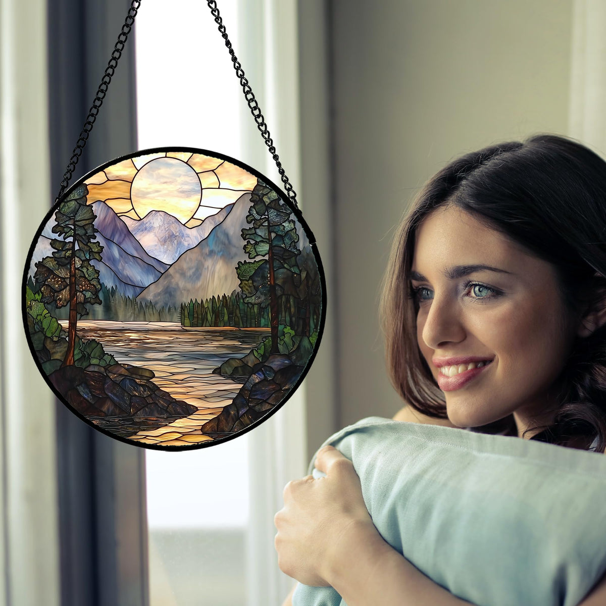 AMDERVEN Stained Glass Window Hanging, Sunset Mountains Lake Tree Sun Catcher for Window Home Decor Landscape Suncatcher Mother's Day Birthday Gifts for Women Men Mom and Nana 7.8 in