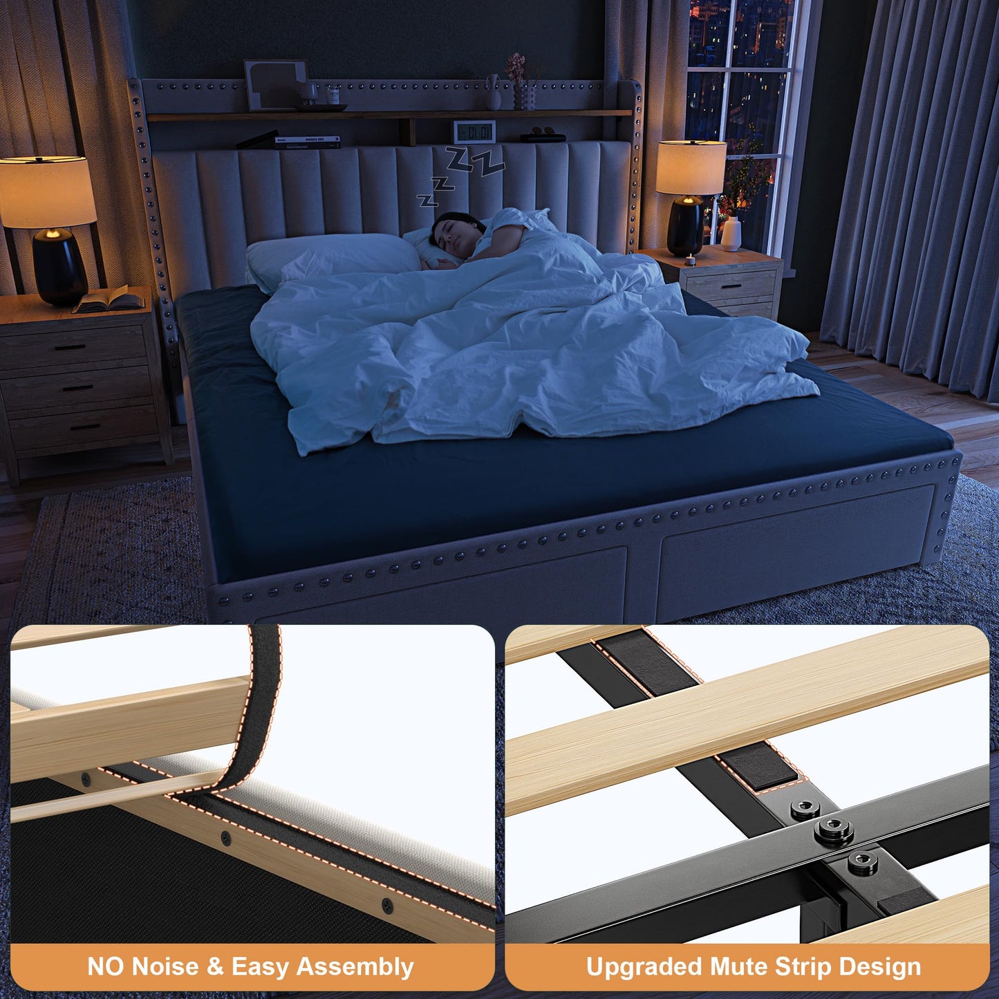 EnHomee Full Size Bed Frame with 2-Tier Storage Headboard, Upholstered Platform Bed Frame with 2 Storage Drawers, Sturdy Wooden Slats Support, Noise-Free, No Box Spring Needed, Beige