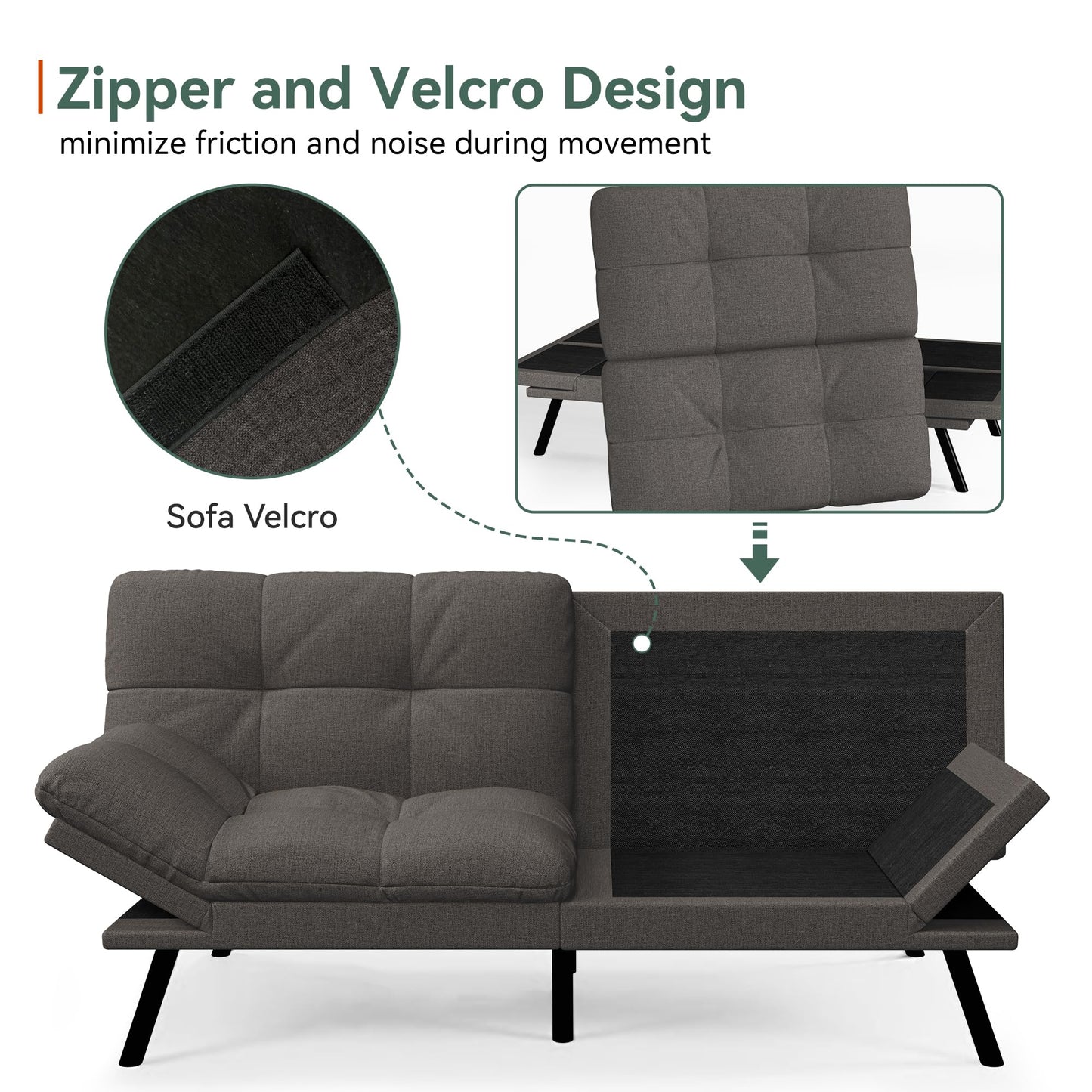 Opoiar Convertible Futon Sofa Bed,71" Memory Foam Futon Couch,Detachable Cushion,Adjustable Backrest & Armrest,Linen Modern Loveseat Sleeper Recliner for Living Room,Office,Apartment,Retro Grey