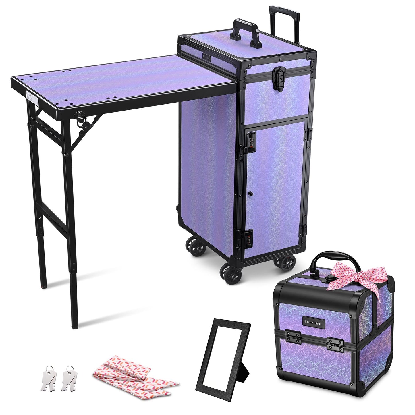 BYOOTIQUE Protable Nail Station Rolling Manicure Table Foldable Kit with 2-Tier Trays Makeup Train Case Small Travel Cosmetic Ba