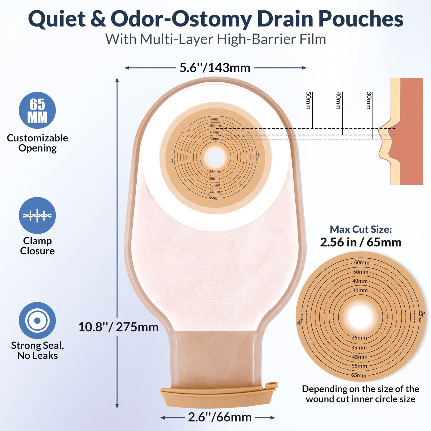 100 PCS Colostomy Bags, 15mm-65mm Ostomy Supplies, One-Piece Ostomy Bags Drainable Pouches with Closure for Lleostomy Stoma Care, Cut-to-Fit