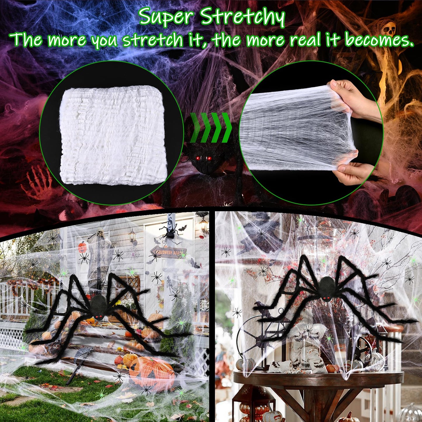 Yinhua Lighted Halloween Decorations 78" Giant Light Up Spider Halloween Decor 700 Sqft Super Stretchy Spider Web Decoration with 30 Extra Small Fake Spiders Large Cobwebs for Indoor and Outdoor