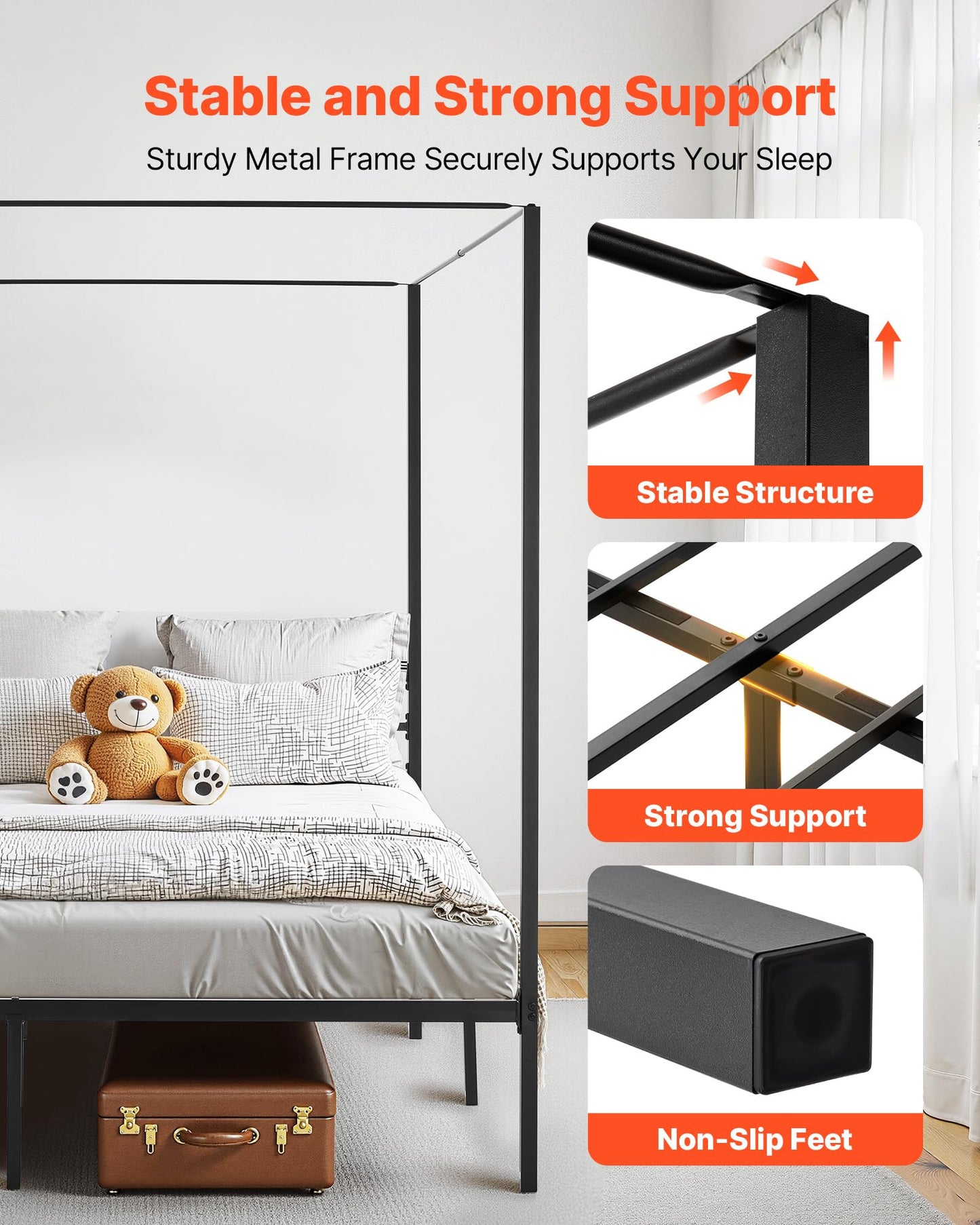 VEVOR King Size Canopy Bed Frame, Metal Canopy Bed with Charging Station and Four Posters Design, Heavy Duty Steel Slats Support, Underbed Storage Space, No Box Spring Needed, Easy Assembly, Black