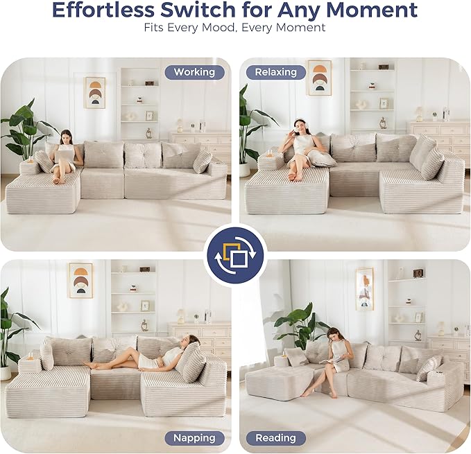MAXYOYO 132" Oversize Modular Sectional Couch with L-Shape Chaise, Modern Boneless Couch for Living Room, Sofa in A Box, Oversized Sofa Sleeper with Deep Seat, No Assembly Required, Grayish Beige