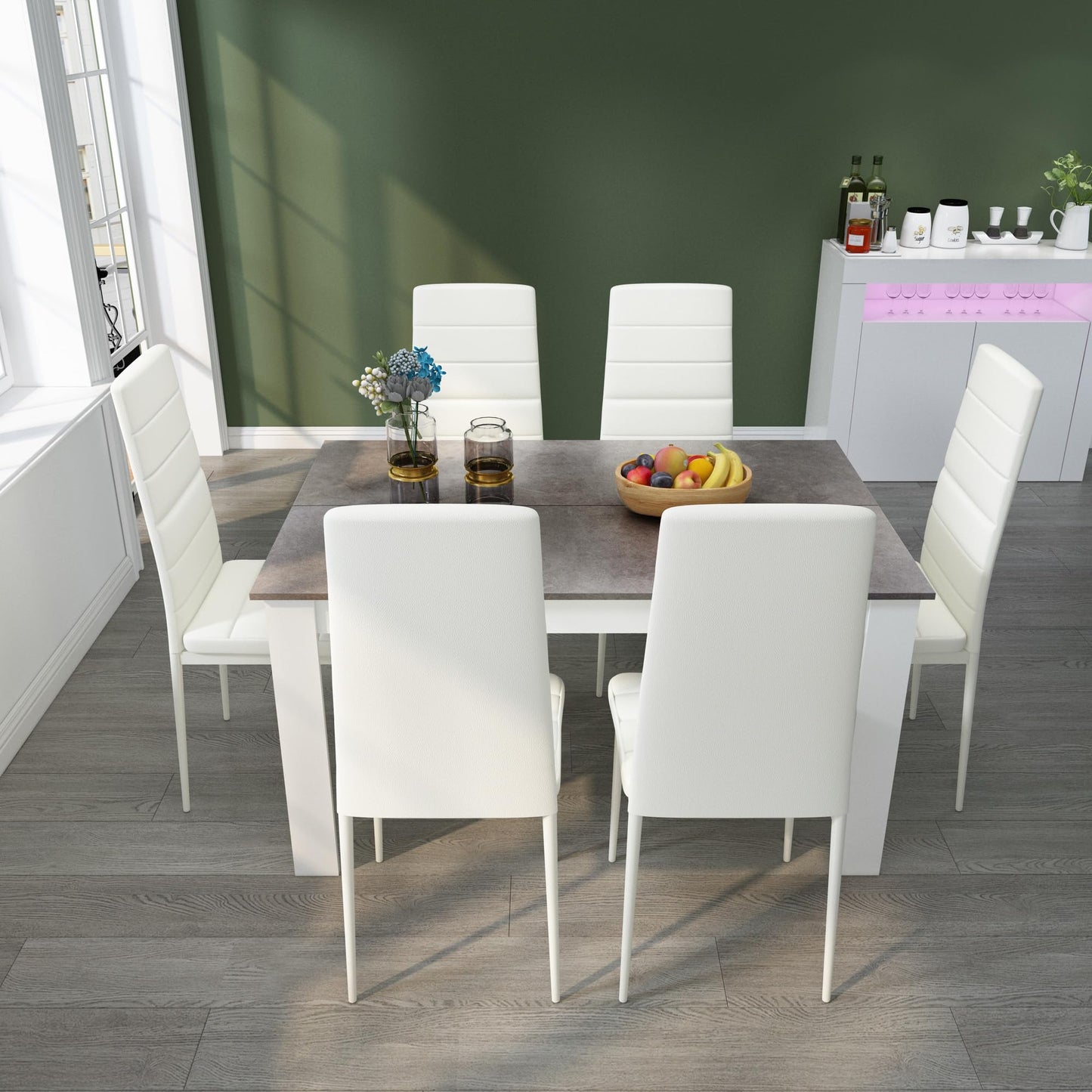 Mondeer Dining Table and Chairs Set 6, 7 Pieces Kitchen Table Set with High Back Faux Leather Chair for Dining Room Kitchen Rectangular Modern (Grey Table White Chairs)