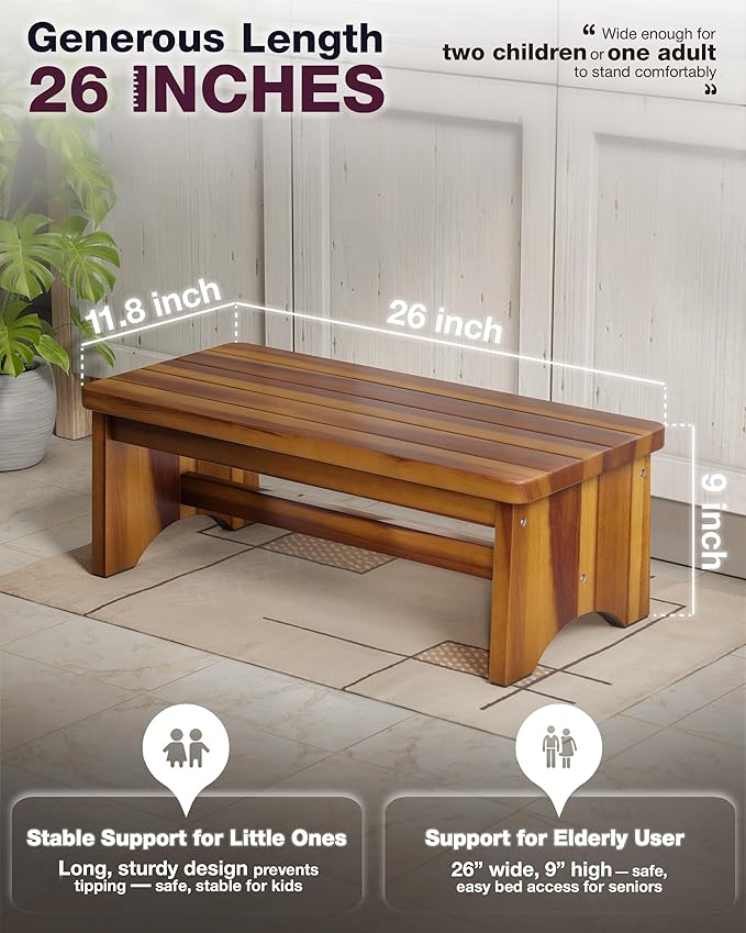 FANATU Extra Wide 26in Wooden Step Stool, Heavy Duty One Step Stool for Adults and Seniors, Holds Up to 550 lbs, Reinforced Cross Bar, Non-Skid Surface, Multipurpose Use for Kitchen, Bathroom, Bedroom