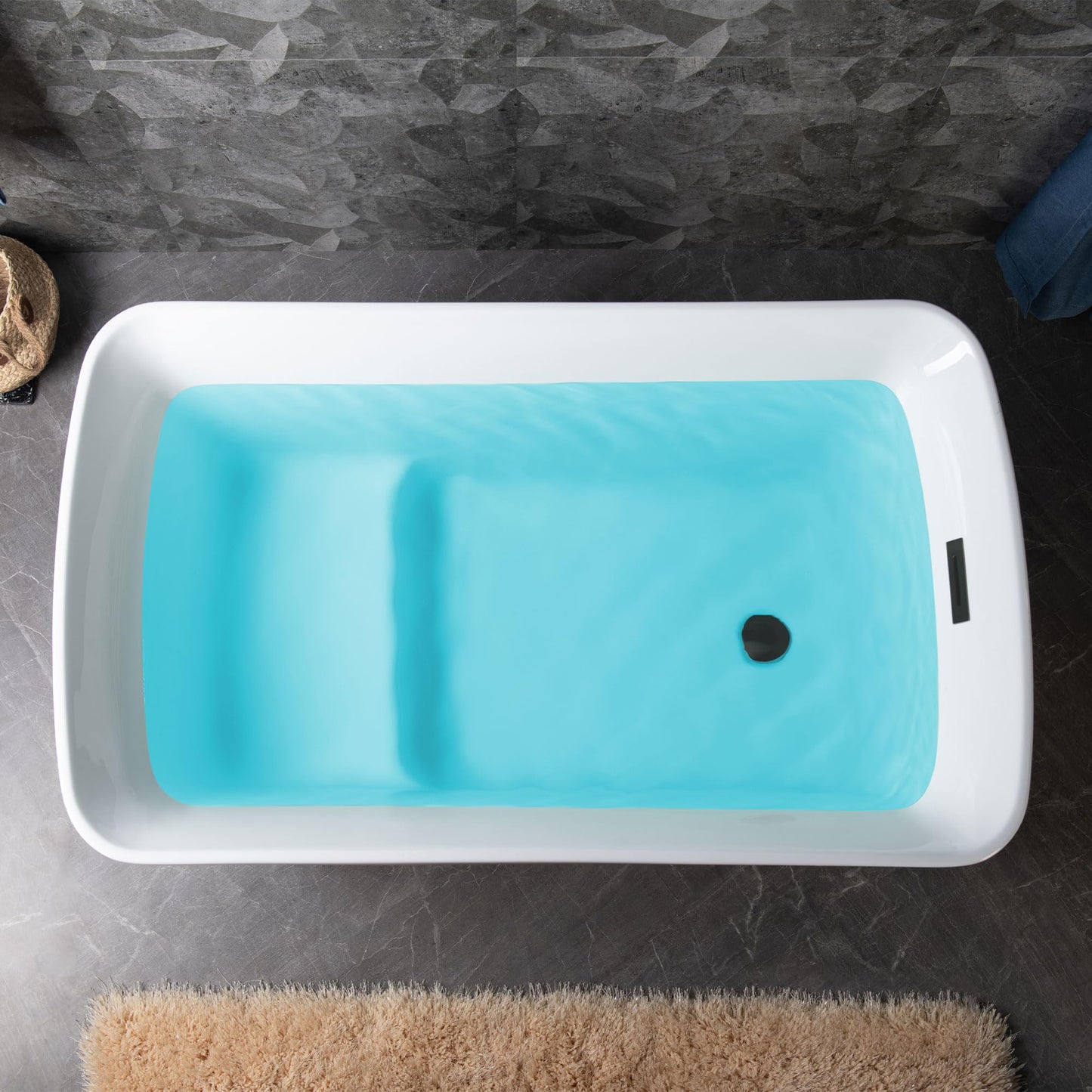 WOODBRIDGE 48" Acrylic Freestanding Square Shape Janpanese Soaking Tub with Pre-molded Seat and Matte Black Pop-UP Drain and Overflow Option, Black, B1870-MB