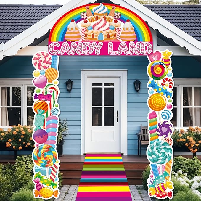 4Pcs Sweet Candyland Party Decorations Candy Door Covers Candyland Hanging Banner Backdrop Candy Land Store Porch Sign Col...