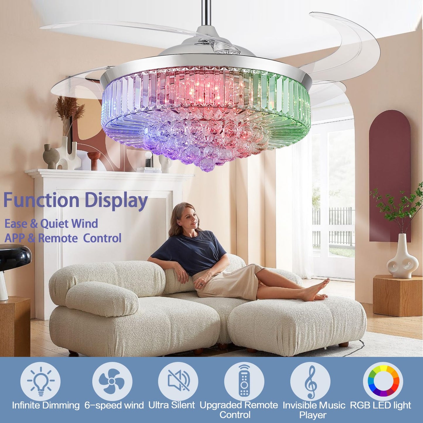Zynfandor 52    Bluetooth Ceiling Fan With Light And Speaker,Rgb Retractable Blades Crystal Fandelier Music Player Led Chandelie