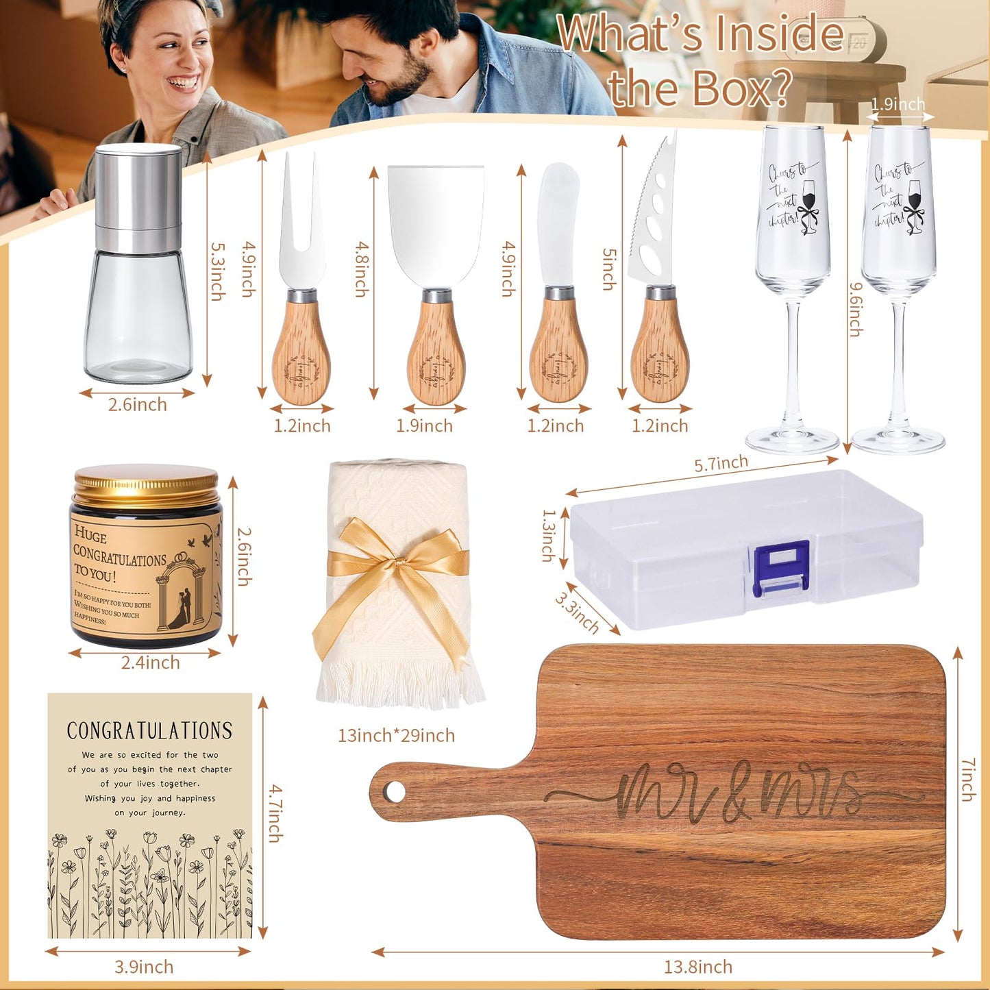 Personalized Wedding Gifts for Couples 2025 | Wedding Registry Ideas with Custom Champagne Flutes, Acacia Wood Board, Cotton Towel, Bridal Shower Gift Basket | Wedding Gifts for Newlyweds