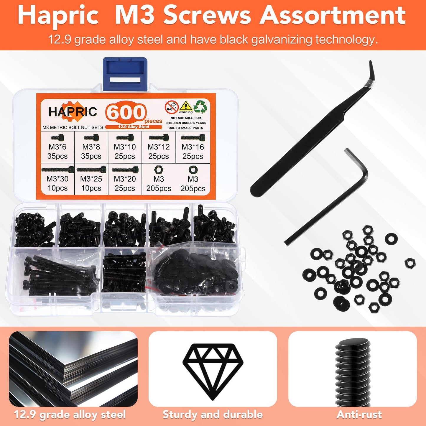 600 Pcs M3 Screws Assortment Kit, M3x 6/8/10/12/16/20/25/30mm M3 Screw Kits 12.9 Alloy Steel Nuts and Bolts Assortment Kit Black Zinc Plated Hex Socket Head Screws Nuts Bolts and Washers Set