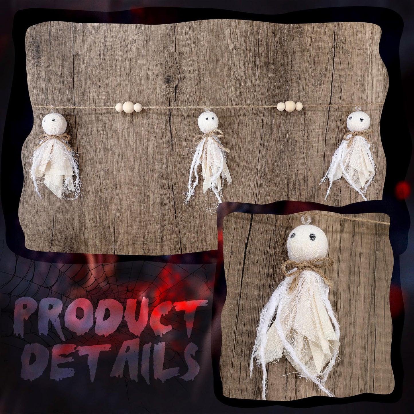 Fanfanwin 7Ft Halloween Garland Cute Halloween Ghost with Wooden Beads Garlands Rustic Ghost Banner for Wall Home Indoor Outdoor Fall Decor Supplies (White)