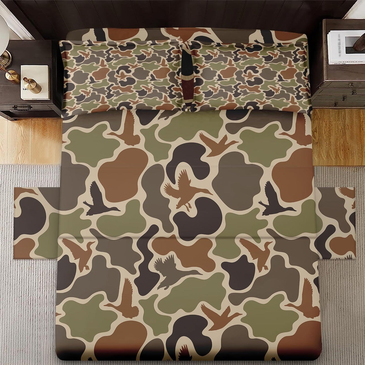 Zzzboro 4 Pcs Fitted Sheet Set Queen Size,Camouflage Hunting Duck Hunter Birds, Bed Decor Camo Army Green Military Woodland Bedroom Sets Pillowcase Bedsheet Bedding Flat Sheet for Kids and Adults