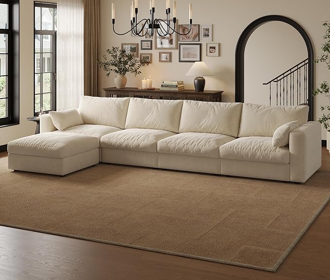 Cloud Modular Sectional Sofa Couch with Storage Ottoman, 128" Oversized Sectional Couches for Living Room, Cloud Modular L-Shaped Sofa with Chaise, 5 Seater, Chenille, Beige