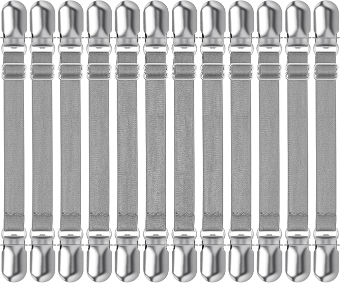 Boao 12 Pcs Bed Sheet Clips Straps Sheet Corner Straps Holder Adjustable Mattress Clips, Elastic Bed Grippers Suspender Fasteners Holder for Home (Grey,4-8 Inch Length)