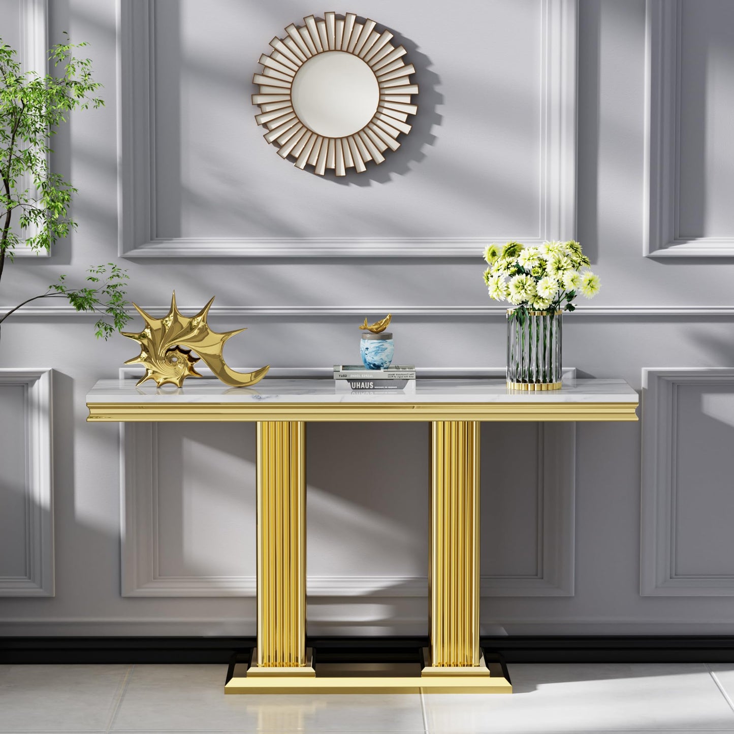 HomVent 47" Console Table, Narrow Entryway Table, Living Room Side Table, Hallway Table, Faux Marble Entry Table with Mirrored Stainless Steel Base