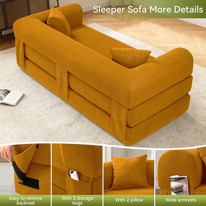 GJQ 80" Convertible Sofa Bed,Corduroy Folding Sleeper Sofa Bed Queen with Pillows & Storage,Modular Pull Out Couches Boneless Couch for Living Room,Compressed Couch in a Box,Yellow