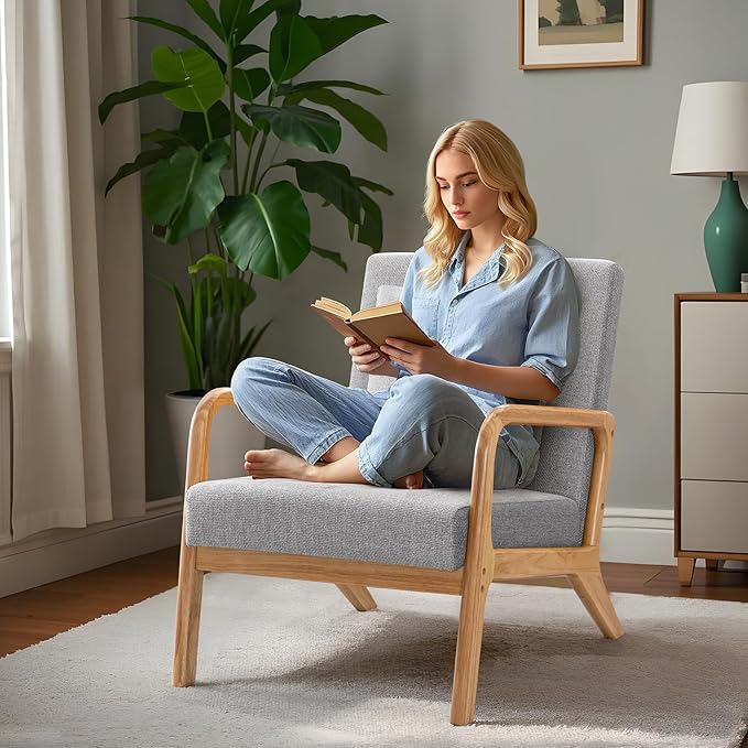 ELUCHANG Mid-Century Modern Accent Chair with Lumbar Pillow, Upholstered Armchair, Linen Fabric Comfy Reading Chair, Lounge Side Chair for Living Room Bedroom Apartment, Easy Assembly