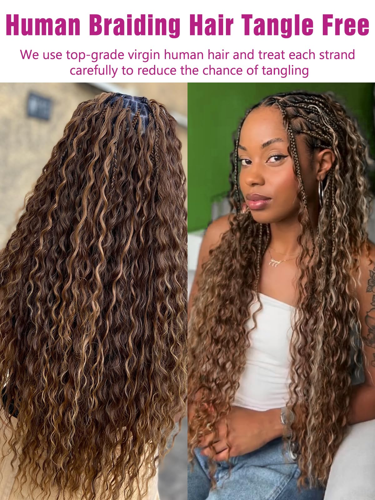 4/30 Bronze Gold Human Braiding Hair Deep Wave Bulk,Highlight No Weft Curly Braiding Hair Extensions for Boho Braids Wet and Wav